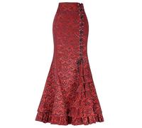 AYAZER Abito da Donna alla Moda Stile Punk retrò a Sirena Jacquard Halloween Gotico Vittoriano Steampunk Lungo Slim Fit Sirena con Volant a Strati-Gonna Rossa-L