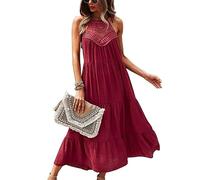 AYAZER Abito Estivo da Donna Fluido a Punto Smock con Spalline Regolabili Senza Maniche Abiti da Spiaggia Collo Quadrato-Borgogna-L