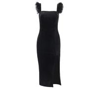 AYAZER Abito Lungo Elegante in Velluto con Piume di Struzzo da Donna, Senza Maniche, con Orlo a Fessura, Abito da Festa Sottile, Abito Estivo Sexy con Piume Chic Senza Schienale-Abito Lungo Nero-M