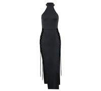 AYAZER Abito Lungo Slim Slim Vestito Sexy Allacciato al Collo con Doppio Spacco Cavo-Nero-M
