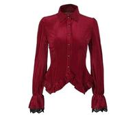 AYAZER Camicetta da Donna Vintage Rossa in Velluto a Coste a Maniche Lunghe con Stampa a Righe Slim in Velluto Anni '50 con Orlo Irregolare in Pizzo Patchwork Blusas Femininas-1-L