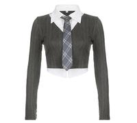 AYAZER Camicia Corta con Risvolto Abbottonato Stile College Finto in Due Pezzi con Orlo Superiore e Cravatta a Righe Irregolari-Grigio-S