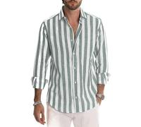 AYAZER Camicie da Uomo Camicie Casual in Cotone e Lino Colletto in Piedi Righe Maschili Maniche Lunghe Magliette Larghe Primavera Estate Camicia da Uomo bella-verde-6XL
