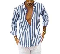 AYAZER Camicie da Uomo Camicie Casual in Cotone e Lino Colletto in Piedi Righe Maschili Maniche Lunghe Magliette Larghe Primavera Estate Camicia da Uomo bella-blu-6XL