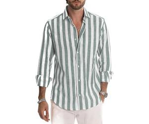 AYAZER Camicie da Uomo Camicie Casual in Cotone e Lino Colletto in Piedi Righe Maschili Maniche Lunghe Magliette Larghe Primavera Estate Camicia da Uomo bella-verde-6XL