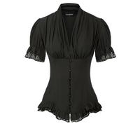 AYAZER Camicie estive Donna Vittoriana Slim Pieghe Top Gotico Rinascimentale Manica Corta a Sbuffo Scollo a V Allacciatura con Volant Camicetta retrò Lady-Nero-M