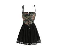 AYAZER Corsetto Sexy da Donna Abito Bustino dal Taglio Basso con Lacci Mini Abito Floreale Vintage Y2K Abito Aderente Senza Maniche a Strati in Rete Clubwear-Nero-XL