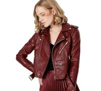 AYAZER Giacca in Pelle PU con Cerniera Multicolore Primavera e Autunno Giacca con Cintura Corta Abbigliamento da Moto-Borgogna-S