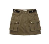 AYAZER Gonna Corta da Lavoro Multitasche per Donna Estiva in Tessuto Twill Casual Americano a Vita Alta con Gonna a Trapezio a Mezza Lunghezza con Cintura-Verde Militare-M