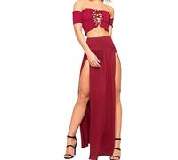 AYAZER Gonna Lunga da Donna con Doppio Spacco Gonna Lunga Irregolare da Donna a Vita Alta Tinta Unita Casual Fino al Pavimento - Borgogna - XL