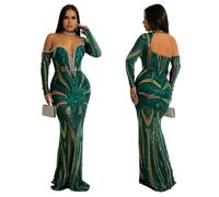 AYAZER Gonna Lunga da Donna con Paillettes Allacciata al Collo e Scollo a V, vestibilità Slim, Stile da Festa da Donna-Verde-M