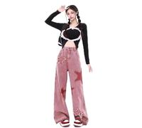 AYAZER Jeans Ricamati con Stella retrò Abbigliamento da Mattina da Donna Pantaloni Larghi a Vita Alta con Gamba Larga-Rosso Lampone-M
