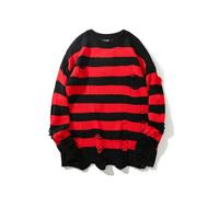 AYAZER Maglione Autunnale a Righe Rosse e Nere Punk retrò di High Street per Uomo Pullover Sciolto con Nappe strappate Girocollo Abbigliamento Casual-Rosso-L