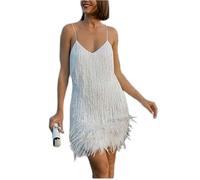 AYAZER Nuovo Mini Abito Sexy in Nappa con Paillettes e Piume Abito da Donna con Spalline Sottili e Cuciture-Bianco LYQ63-M