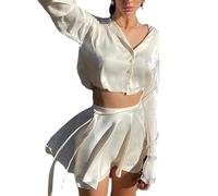 AYAZER Top autunnale, gonna corta con lacci a vita alta in raso, cardigan a maniche lunghe set in due pezzi-top singolo bianco-S