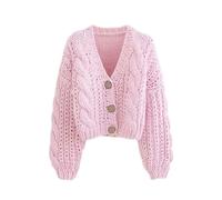 AYAZER Top Fatti a Mano in Maglia Spessa Moda Donna Cardigan Lavorato a Maglia Corto Maglione Giacca da Donna retrò a Maniche Lunghe Chic-Rosa-Taglia Unica