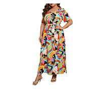 AYBIOSD Abito Boho Plus Size per Le Donne Abito Maxi con Scollo A V Manica Corta Abito Lungo Estivo Casual con Cintura,Color,4XL