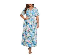 AYBIOSD Abito Boho Plus Size per Le Donne Abito Maxi con Scollo A V Manica Corta Abito Lungo Estivo Casual con Cintura,Blu,XL