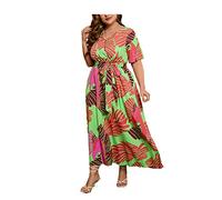 AYBIOSD Abito Boho Plus Size per Le Donne Abito Maxi con Scollo A V Manica Corta Abito Lungo Estivo Casual con Cintura,Verde,XXL
