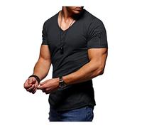 AYBIOSD T-Shirt da Uomo Summer Pure Color Manica Corta Casual Slim Fit Scollo A V Manica Corta Morbida Traspirante,Nero,5XL