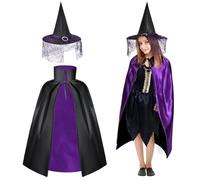 AYBUY Costume da Strega Bambini, Mantello da Strega con Cappello Viola, Vestito da Strega per Bambina, Streghetta Witches Vestiti di Halloween Carnevale Cosplay per Ragazze(70cm)