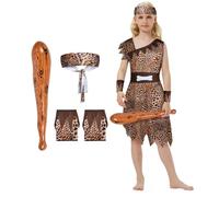 AYBUY Costume da uomo delle caverne per bambine, a tema età della pietra, vestito da grotta selvaggia, per Halloween, cosplay, vestaglia con stampa leopardata, cintura marrone, foulard, polsini