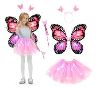 AYBUY Costume Farfalla Bambina, 4Pcs Costume Da Farfalla Luminosa con Ali Gonna Tutù Cerchietto Bacchette, Ragazze Fata Costume Fancy Dress Up per Halloween, carnevale, Rosa