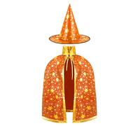 AYBUY Mantello da Strega con Cappello, Mantello da Strega di Halloween con Cappello Mago, Strega Mantelli per Bambini Blu Costume per Festa, Cosplay, Carnevale, Arancione
