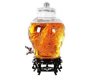 AYCDL Distributore di succo d'acqua da 6 litri in vetro con rubinetto, dispenser per bevande con rubinetto e base in resina, doppio drago intagliato, birra tradizionale Prin