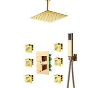 AYCDL Set combinato miscelatore termostatico a pioggia dorato a soffitto con soffione doccia a pioggia, doccetta portatile, getti corpo, scatola integrata, 25 cm, nome delle dimensioni 20,3 cm