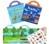 AYESY Libri con Adesivi per Bambini, 2 Pezzi Libro a Tema Animali e Trasporti con Riutilizzabile 3D Adesivi e 40+ Adesivi Creativi per Bambini Giochi Educativi Libro Adesivi Attacca Stacca per 1-6Anni
