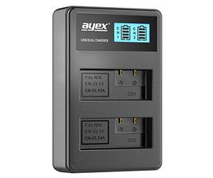 ayex Caricatore USB Dual compatibile con batterie Nikon EN-EL14, ad esempio D3100, D3200, D3400, D5100, D5300, D5500, ricarica tramite USB, ad esempio laptop e power bank con indicatore di carica LCD