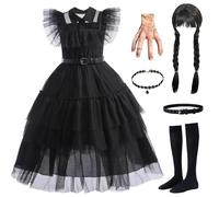 AYIMEIS Bambina mercoledì Costume con Parrucca Abito da mercoledì Addams Vestito da Ballo Gotico Nero Natale Halloween Carnival Party Stage Performance Cosplay Costume Ragazza 100-160