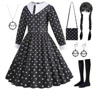 AYIMEIS Bambina mercoledì Costume con Parrucca e Accessori Abito da mercoledì Addams Vestito da Gotico Nero Natale Halloween Carnival Party Stage Performance Cosplay Costume Ragazza 110-160