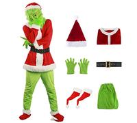 AYIMEIS Costume di Natale da Mostro con Maschera e Accessori Costume da Mostro Verde Peloso Set Babbo Natale Verde Outfit Festa di Halloween Carnevale Cosplay Travestimento per Adulti