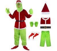 AYIMEIS Costume di Natale da Mostro con Maschera e Accessori Costume da Mostro Verde Peloso Set Babbo Natale Verde Outfit Festa di Halloween Carnevale Cosplay Travestimento per Adulti