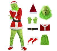 AYIMEIS Costume di Natale da Mostro con Maschera e Accessori Costume da Mostro Verde Peloso Set Babbo Natale Verde Outfit Festa di Halloween Carnevale Cosplay Travestimento per Adulti
