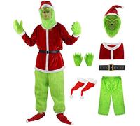 AYIMEIS Costume di Natale da Mostro con Maschera e Accessori Costume da Mostro Verde Peloso Set Babbo Natale Verde Outfit Festa di Halloween Carnevale Cosplay Travestimento per Adulti