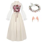 AYIMEIS Donna Abito da Fata Medievale con Corona Floreale e Orecchie Costume da Elfo Principessa Vestito Vittoriana Rinascimentale Vintage Halloween Carnevale Natale Festa Cosplay Adulti S-XXL