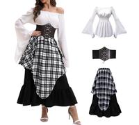 AYIMEIS Donna Vestito Medievale, Abito da Vittoriano Rinascimentale, Costume da Pirata, Camicetta Gonna e Corsetto, Vestito Vintage Halloween Carnevale Natale Festa Cosplay Adulti XS-XXL