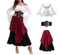 AYIMEIS Donna Vestito Medievale, Abito da Vittoriano Rinascimentale, Costume da Pirata, Camicetta Gonna e Corsetto, Vestito Vintage Halloween Carnevale Natale Festa Cosplay Adulti XS-XXL