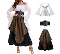 AYIMEIS Donna Vestito Medievale, Abito da Vittoriano Rinascimentale, Costume da Pirata, Camicetta Gonna e Corsetto, Vestito Vintage Halloween Carnevale Natale Festa Cosplay Adulti XS-XXL