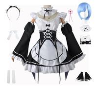 AYIMEIS REM RAM Cosplay Maid Costume con Parrucca Anime Re Zero RAM REM Cosplay Uniform Maid Dress Vestito da Cameriera Natale Halloween Carnevale Party Stage Performance Costume per Adulti