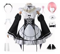 AYIMEIS REM RAM Cosplay Maid Costume con Parrucca Anime Re Zero RAM REM Cosplay Uniform Maid Dress Vestito da Cameriera Natale Halloween Carnevale Party Stage Performance Costume per Adulti
