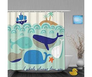AYISTELU Tenda da Doccia Design Stampato 3D,Balena Blu Cocco Blu della Barca dell'onda del Mare, con 12 Ganci di plastica 180 * 180cm