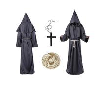 Ayizhiniu Costume da Monaco, Costume Monaco Medievale con Cappuccio, Monaco Frate Robe con Croce e Corda Vita, Sii Applicabile Costumi Cosplay di Carnevale di Halloween (C)