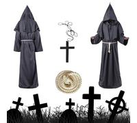 Ayizhiniu Costume da Monaco, Costume Monaco Medievale con Cappuccio, Monaco Frate Robe con Croce e Corda Vita, Sii Applicabile Costumi Cosplay di Carnevale di Halloween (A)
