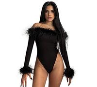 AYJMA Piume di Moda Body Sexy A Maniche Lunghe con Spalle Scoperte per Donna Eleganti Top Slim Body Abbigliamento Donna,Nero,S