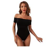 AYJMA Tuta con Spalle Scoperte Tuta Attillata Sexy da Donna Tuta Attillata a Maniche Corte Moda Tinta Unita Top Aderente Elastico Femminile L Nero