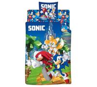 Aymax Parure da letto 3 pezzi Sonic, copripiumino 140 x 200 cm + federa 63 x 63 cm + lenzuolo coordinato 90 x 190 cm, con sonic, knuckles e tails